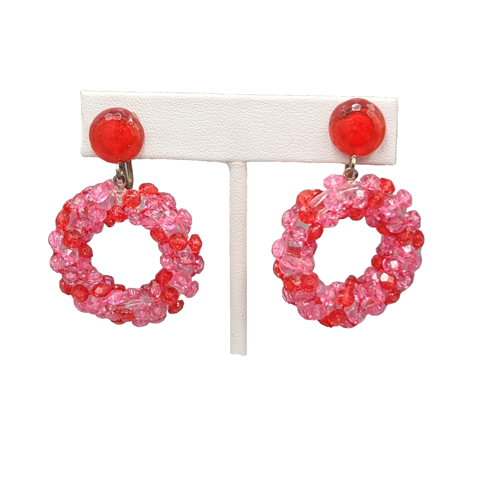 Vintage Pink Bead Wreath Clip on Earrings Dangle 2"
