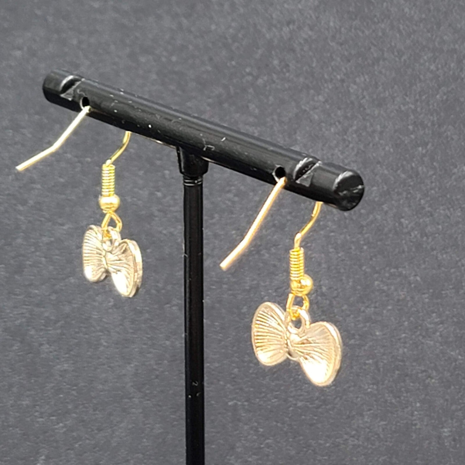 Bow Pierced Earrings Gold tone Crystal Black Enamel Dangle 3/8"