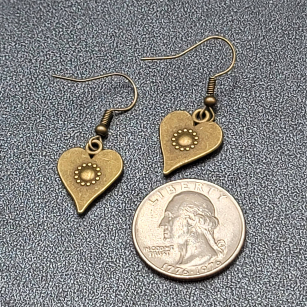 Heart Pierced Earrings Bronze tone Embossed Dangle New 3/4"
