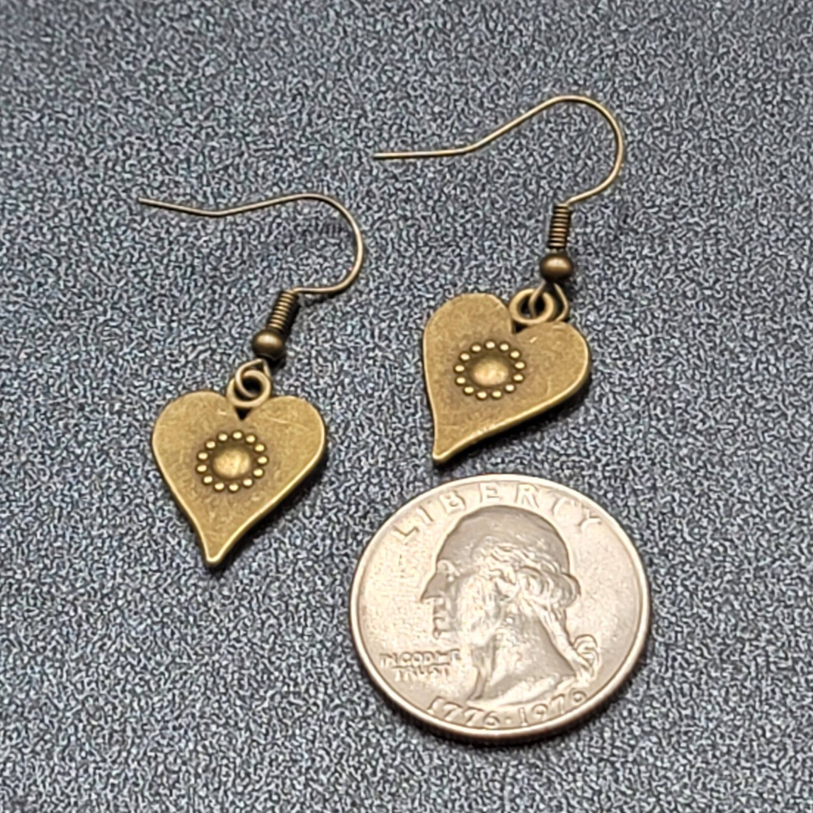 Heart Pierced Earrings Bronze tone Embossed Dangle New 3/4"
