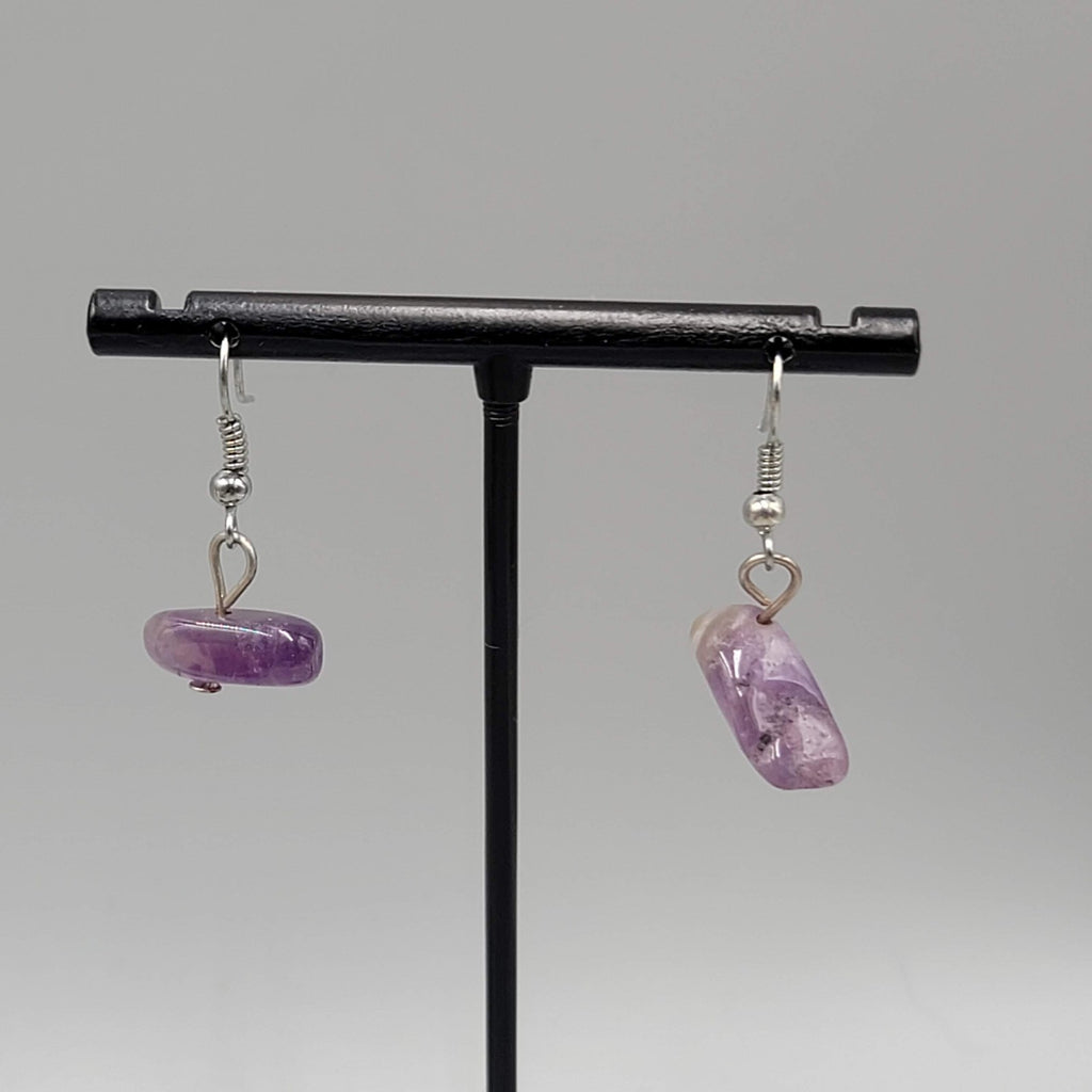 Vintage Polished Amethyst Stone Bead Pierced Earrings Silver tone Dangle  1/2 in