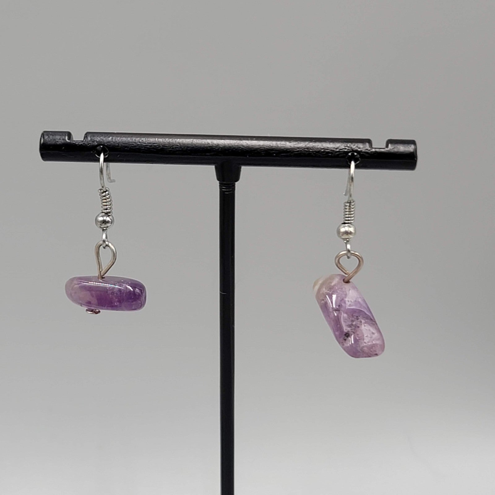 Vintage Polished Amethyst Stone Bead Pierced Earrings Silver tone Dangle  1/2 in
