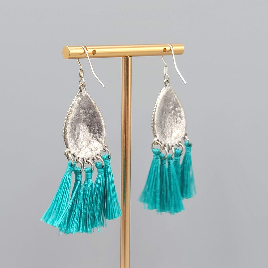 Teal Blue Tassel Rhinestone Pierced Earrings Silver tone Dangle 2.25"