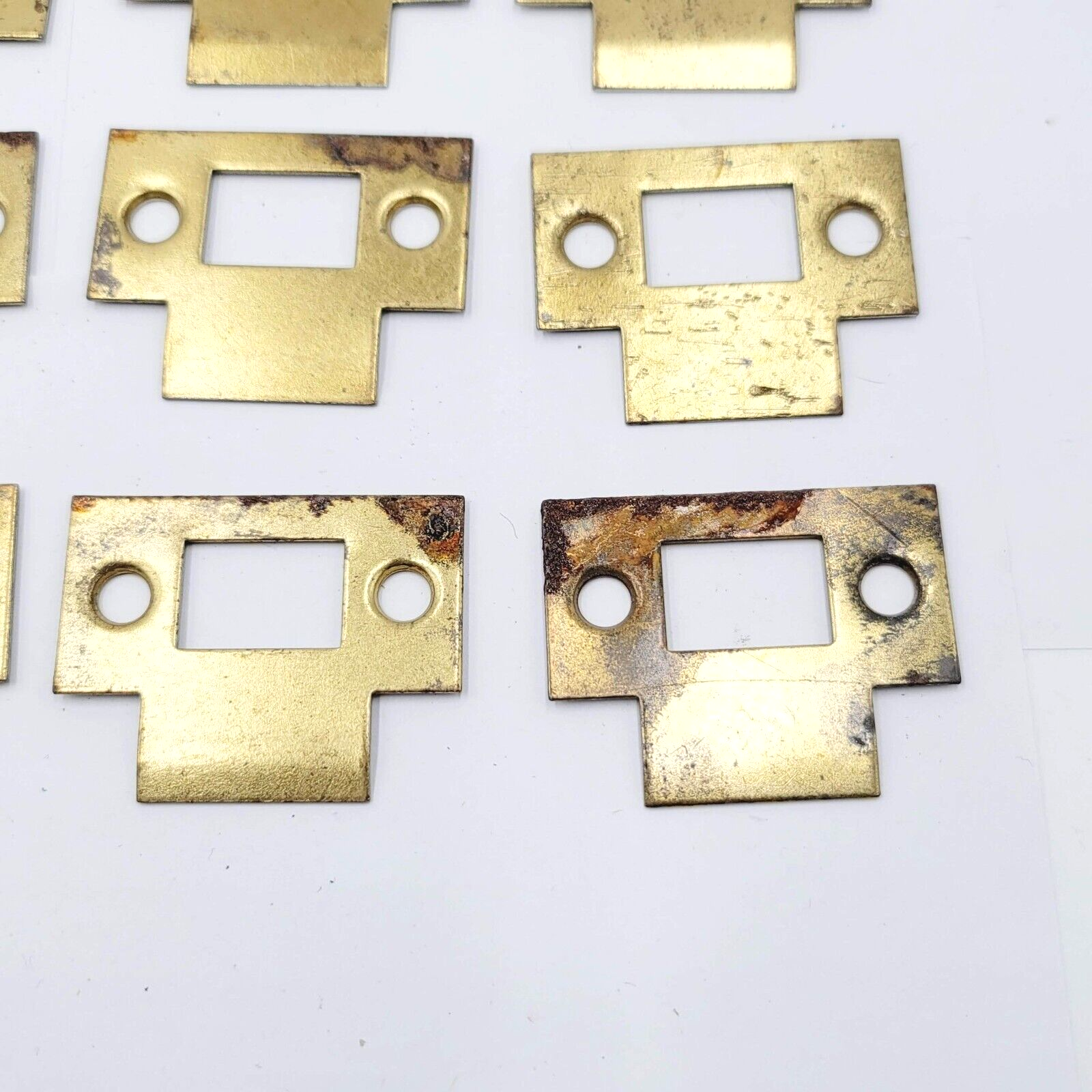 Lot of 16 Vintage Door Lock Strike Plate Gold color Steel Reclaim Salvage 2"x1"