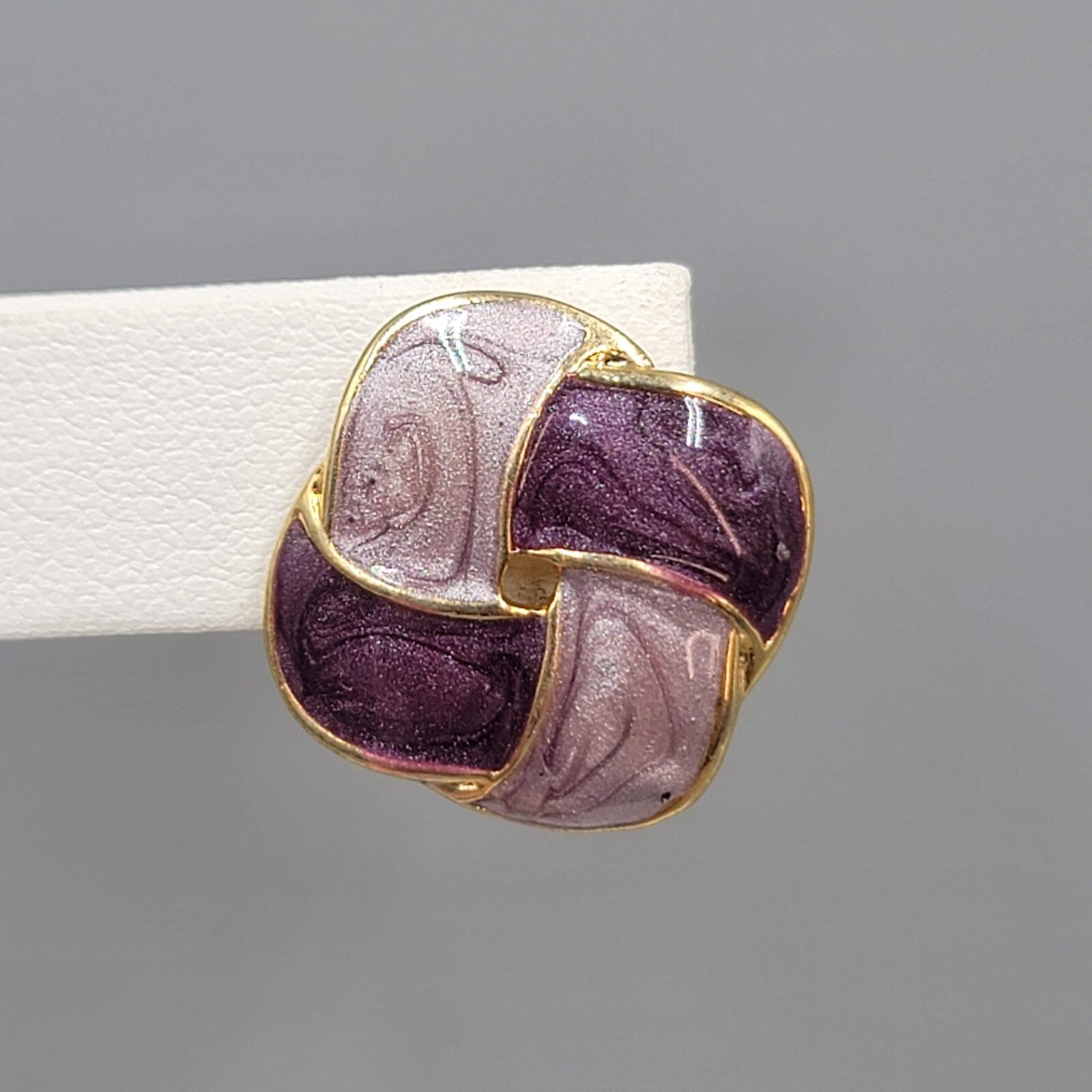 Vintage Purple Enamel Pierced Earrings Square Knot Drop 7/8"