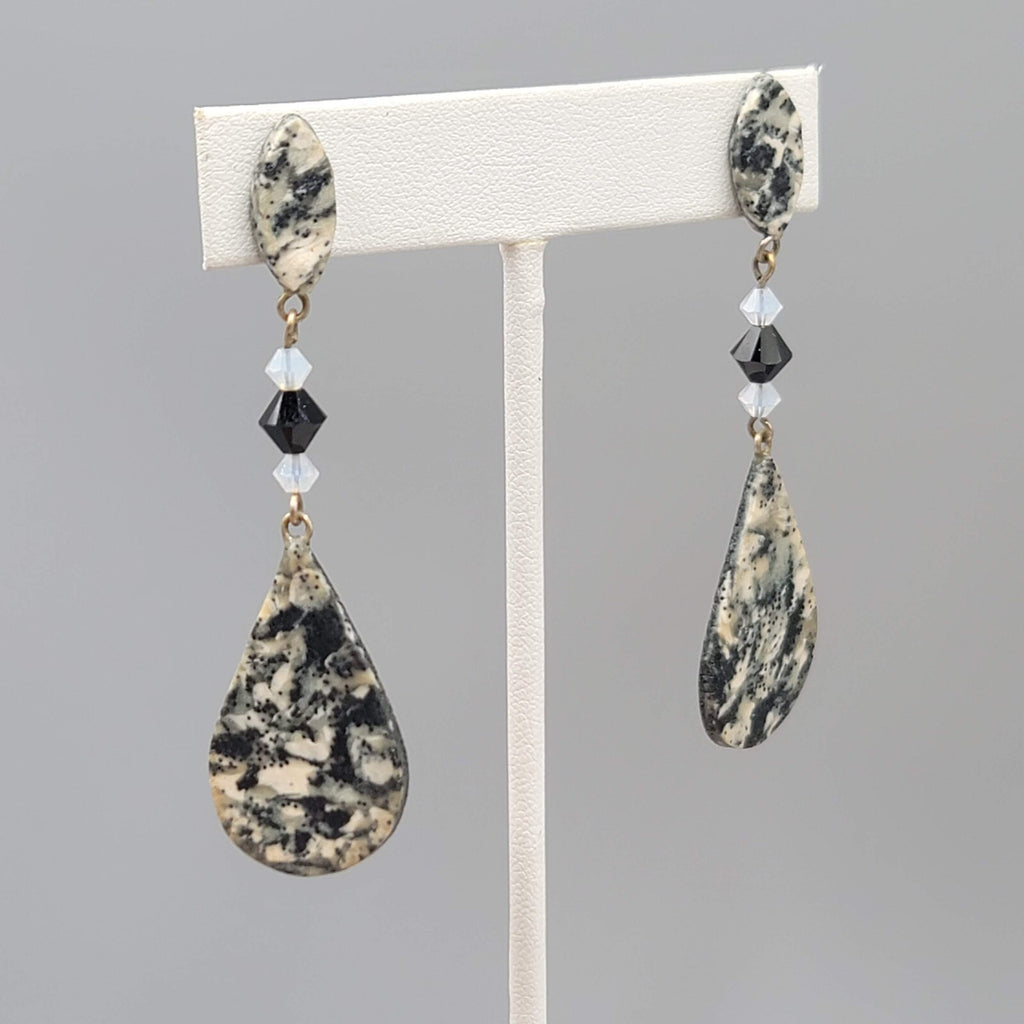 Long Pierced Earrings Gray Black Beaded Teardrop Dangle Signed 2 5/8"