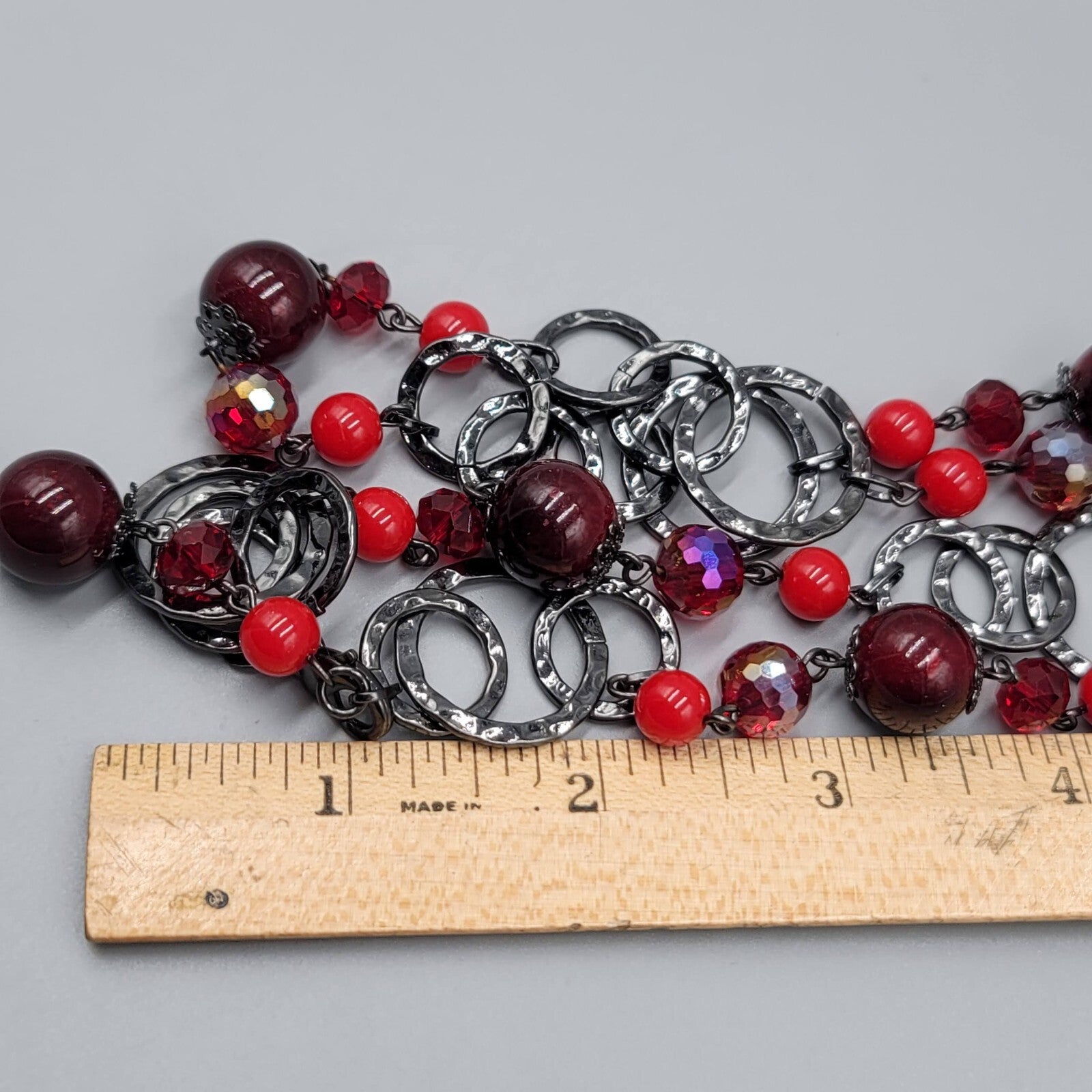Premier Designs Necklace Black Metal Red Bead Statement Long 38"
