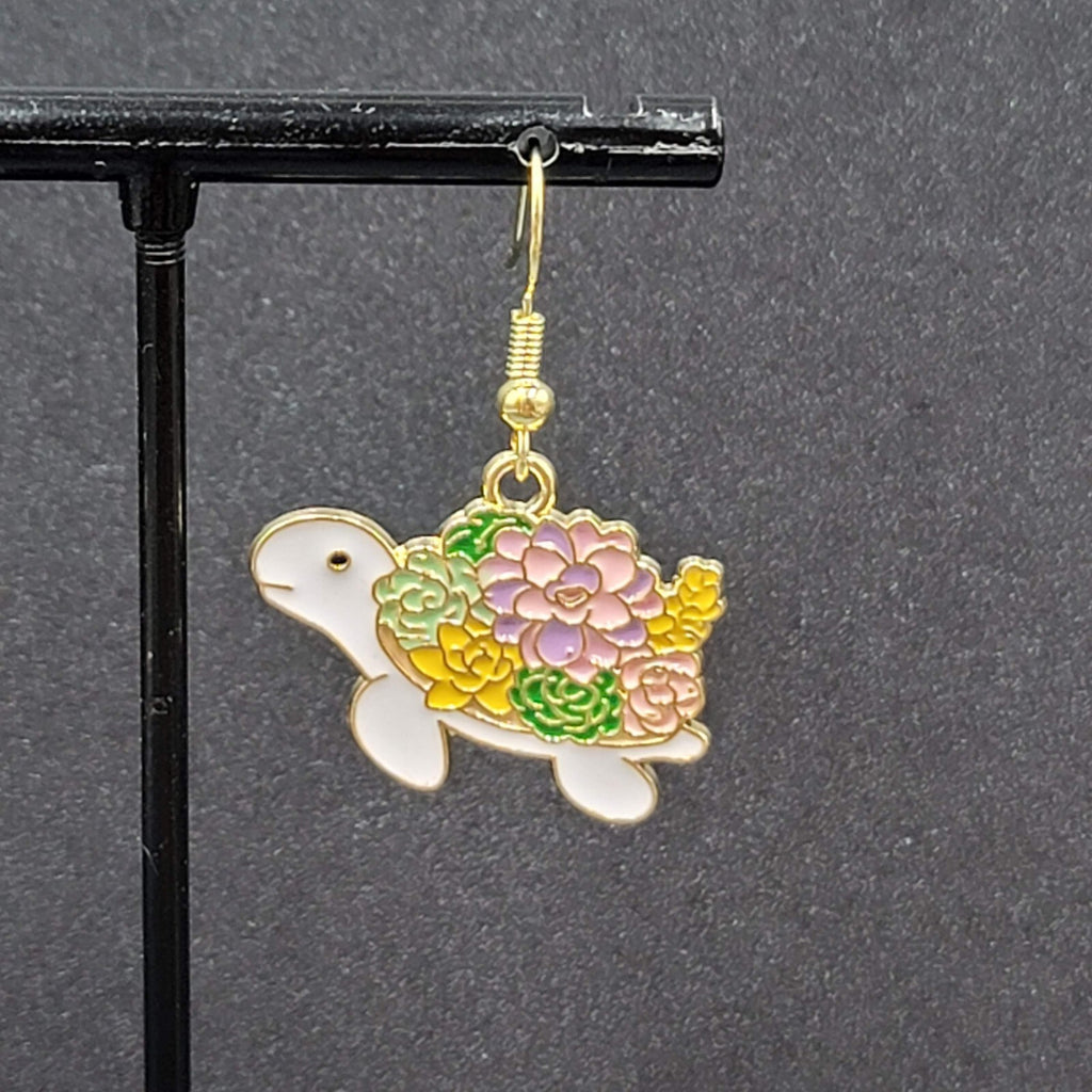Turtle Pierced Earrings Gold tone Enamel Flowers Dangle 3/4"