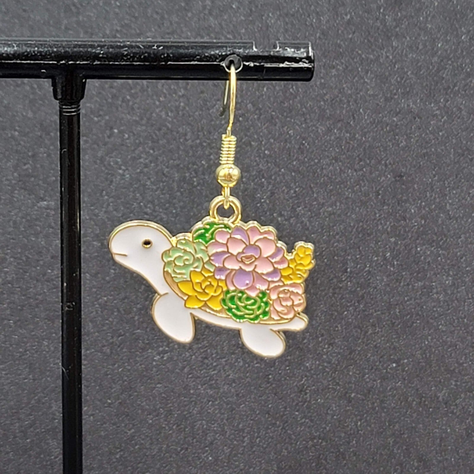 Turtle Pierced Earrings Gold tone Enamel Flowers Dangle 3/4"