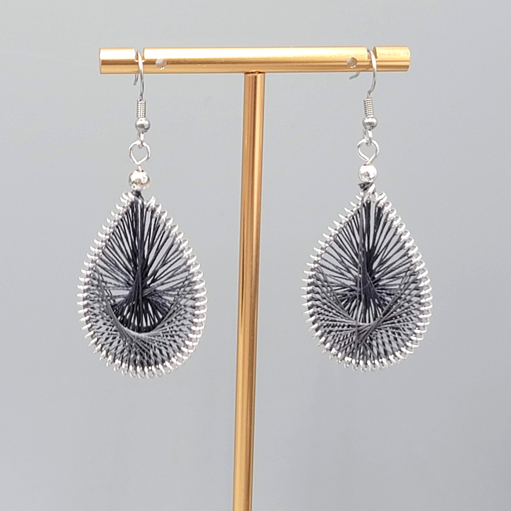 Teardrop gray String Art Pierced Earrings Silver tone Dangle 1 7/8"