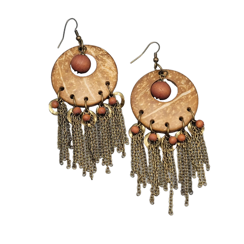 Coconut and Wood Bead Pierced Earrings Bronze tone Dangle Fringe Boho 3.25"