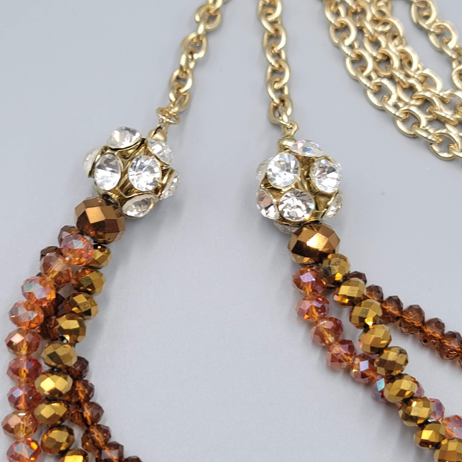 Long Crystal Bead Necklace Triple Strand Gold tone Chain 36"-38"