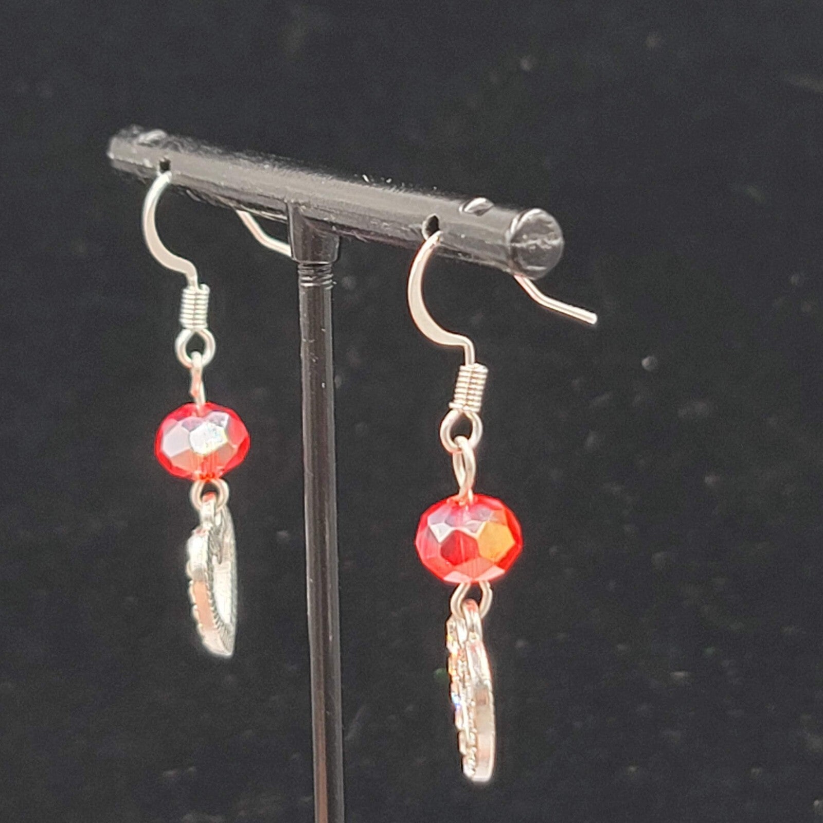 Heart Pierced Earrings Red Bead Silver tone Rhinestone Dangle 1 1/8"