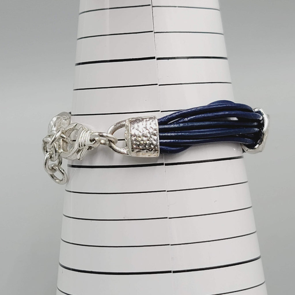 Navy Blue Cord Bracelet Imitation Pearl Silver tone 7"