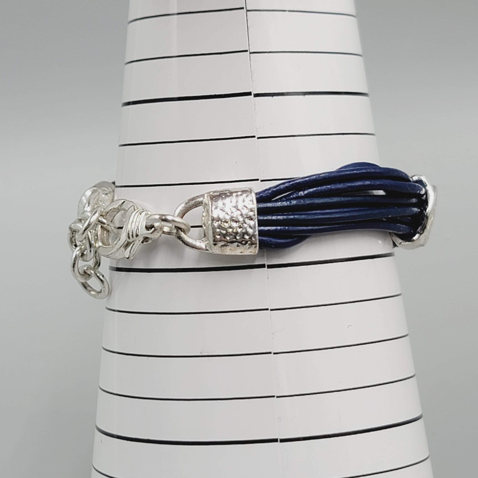 Navy Blue Cord Bracelet Imitation Pearl Silver tone 7"