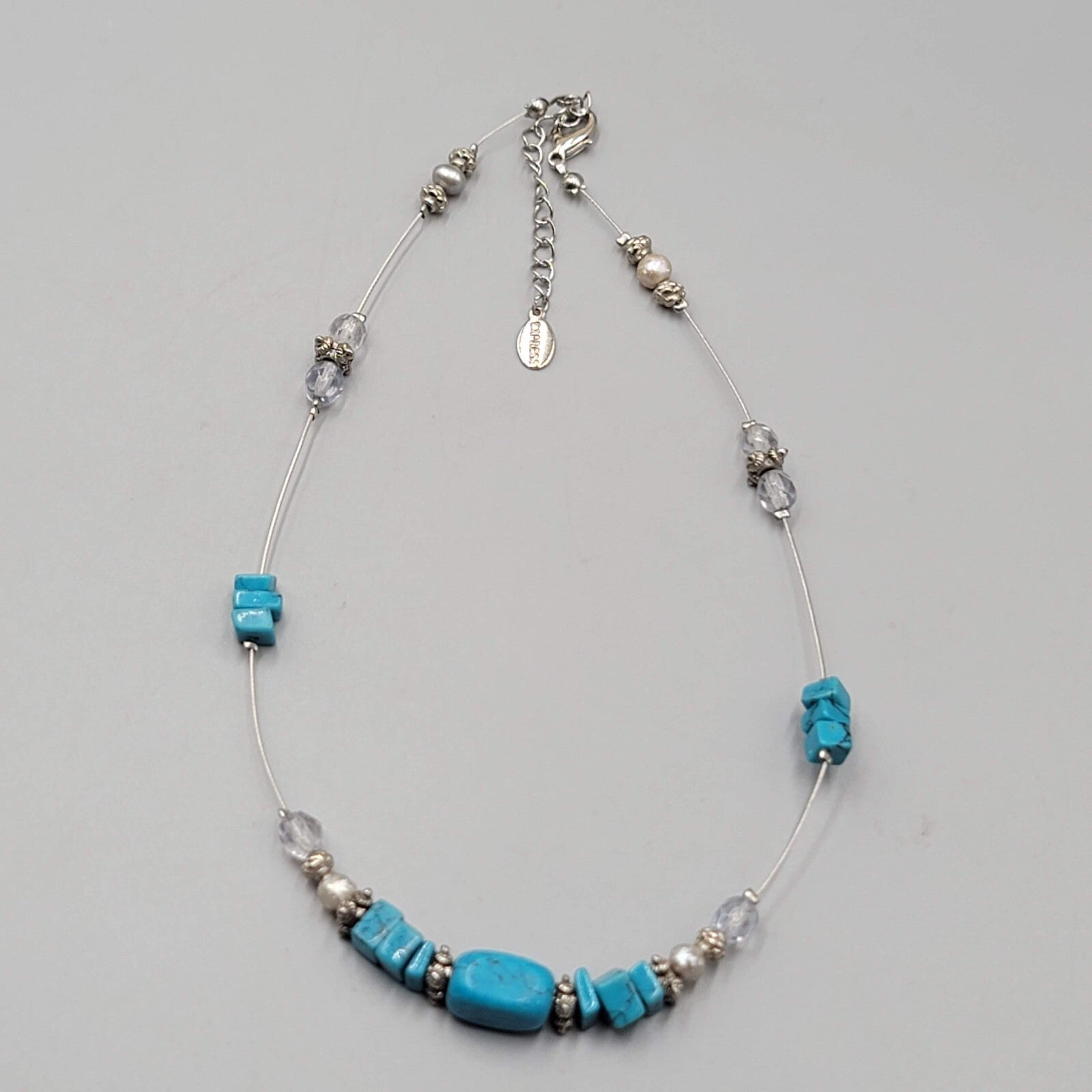 Express Floating Bead Necklace Blue Stone Silver tone 14"-16"