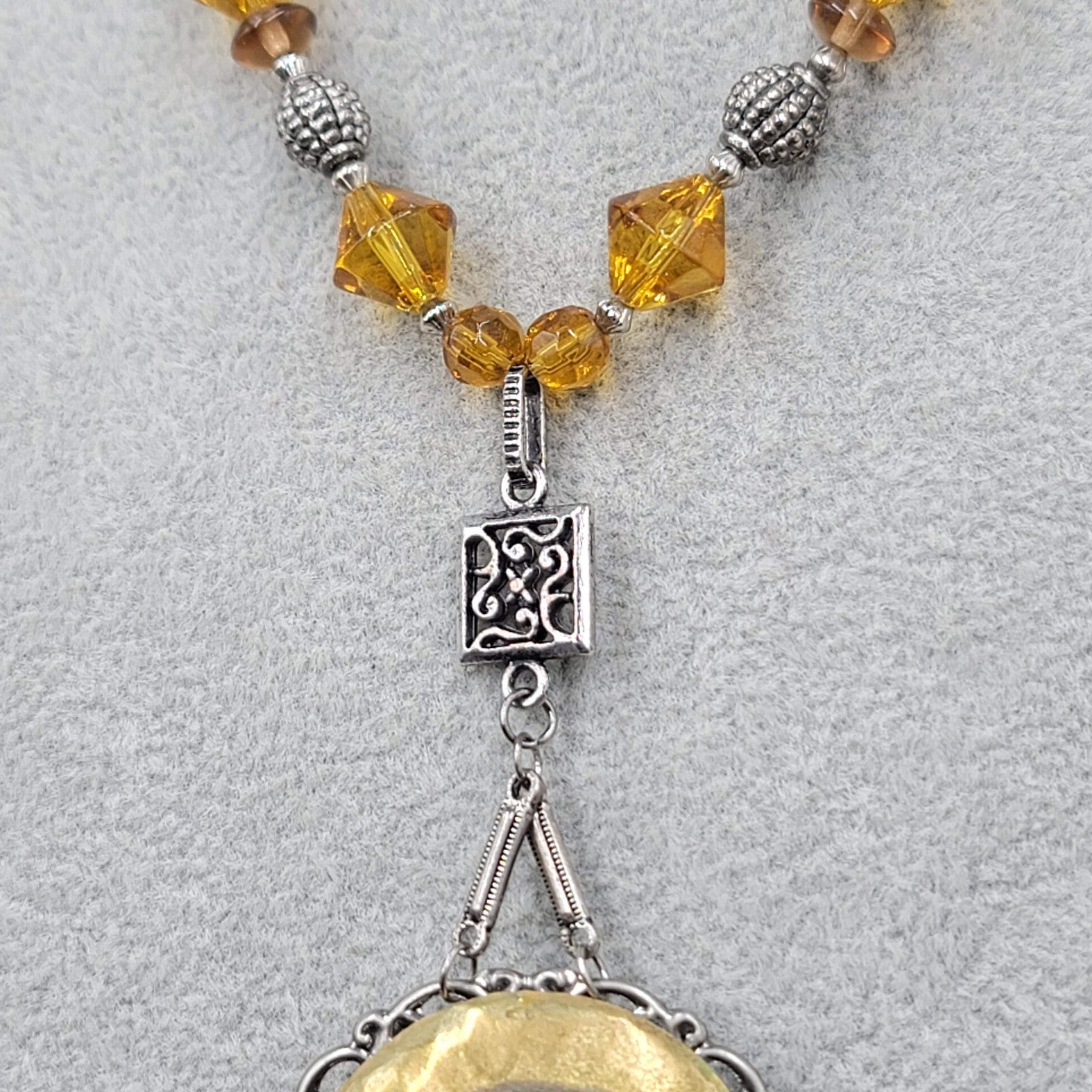 Boho Medallion Orange Bead Pendant Necklace Silver tone Toggle Closure 17 in