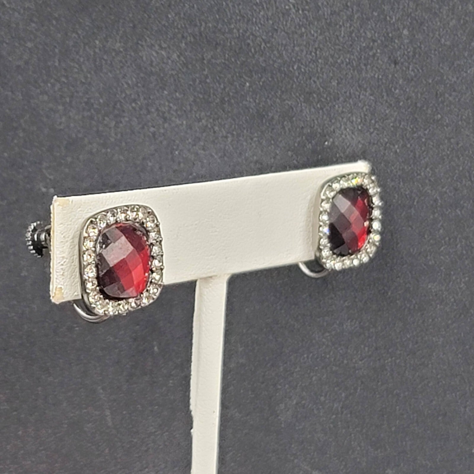 Clip on Earrings Black Metal Red Acrylic Clear Rhinestone Stud  1/2"
