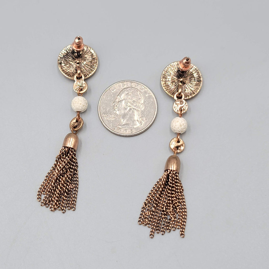 Pierced Earrings Copper tone Dangle Dangle Chains White Stone Bead 2.75"