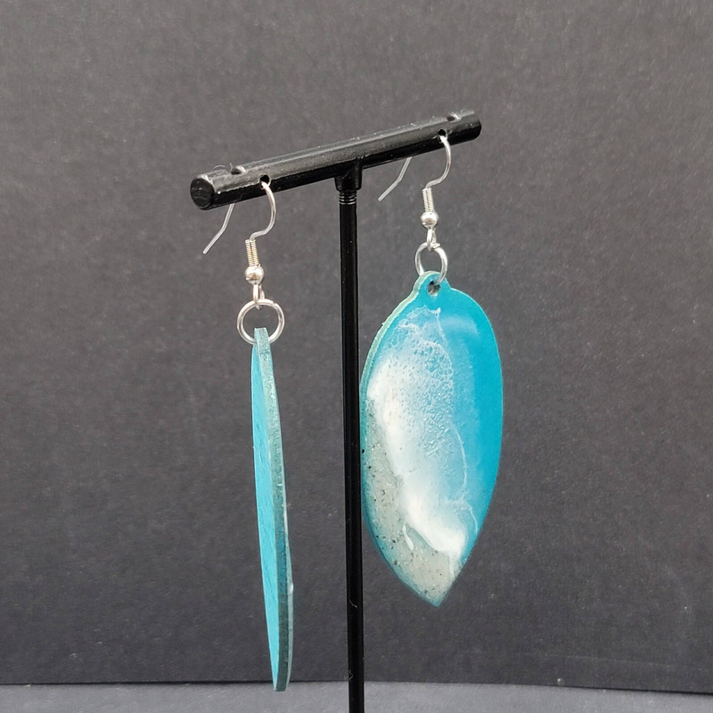 Pierced Earrings Silver tone Resin on Wood Ocean Beach Scene Large Dangle 2.5"