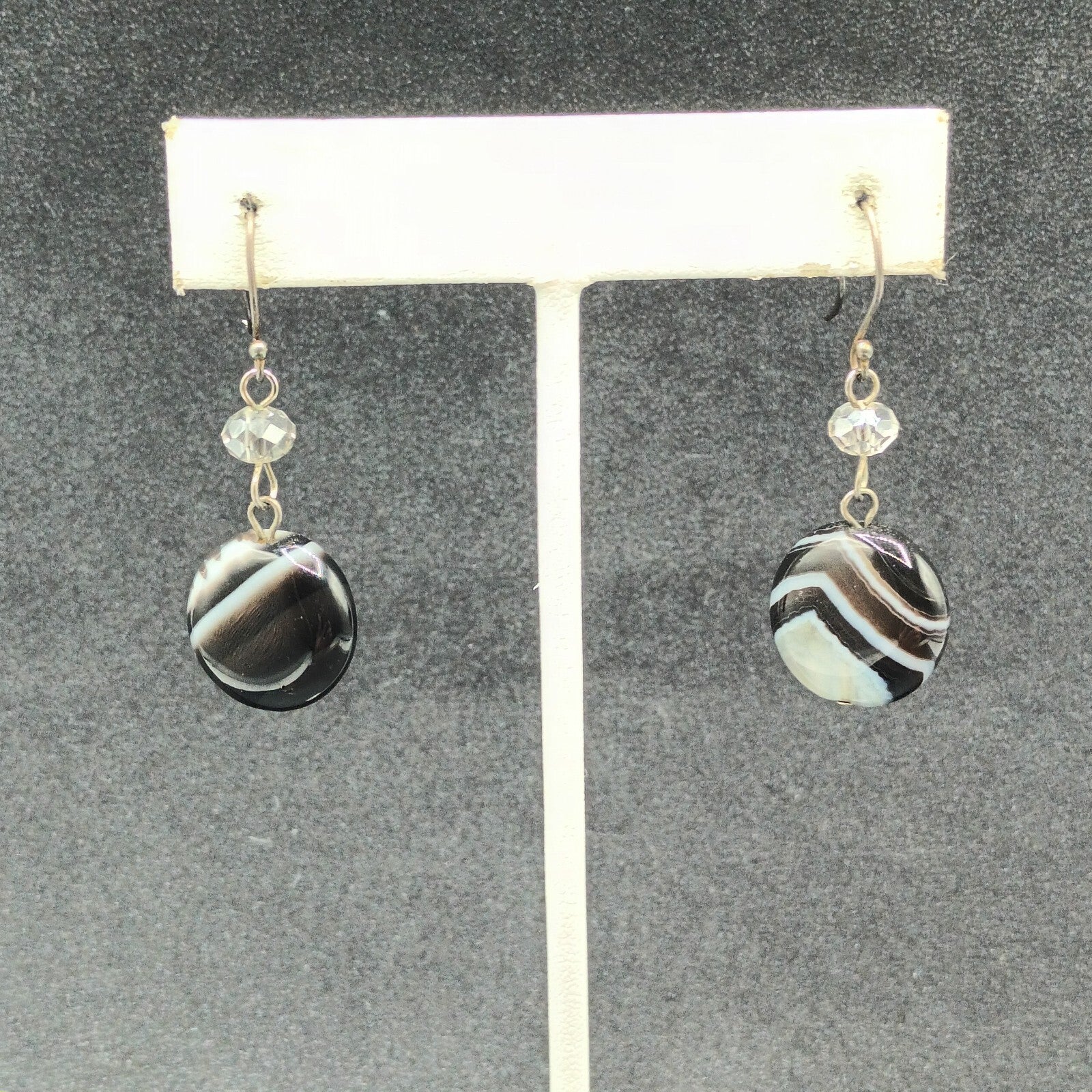 Pierced Earrings Silver tone Round Quartz Bead Dangle 1"