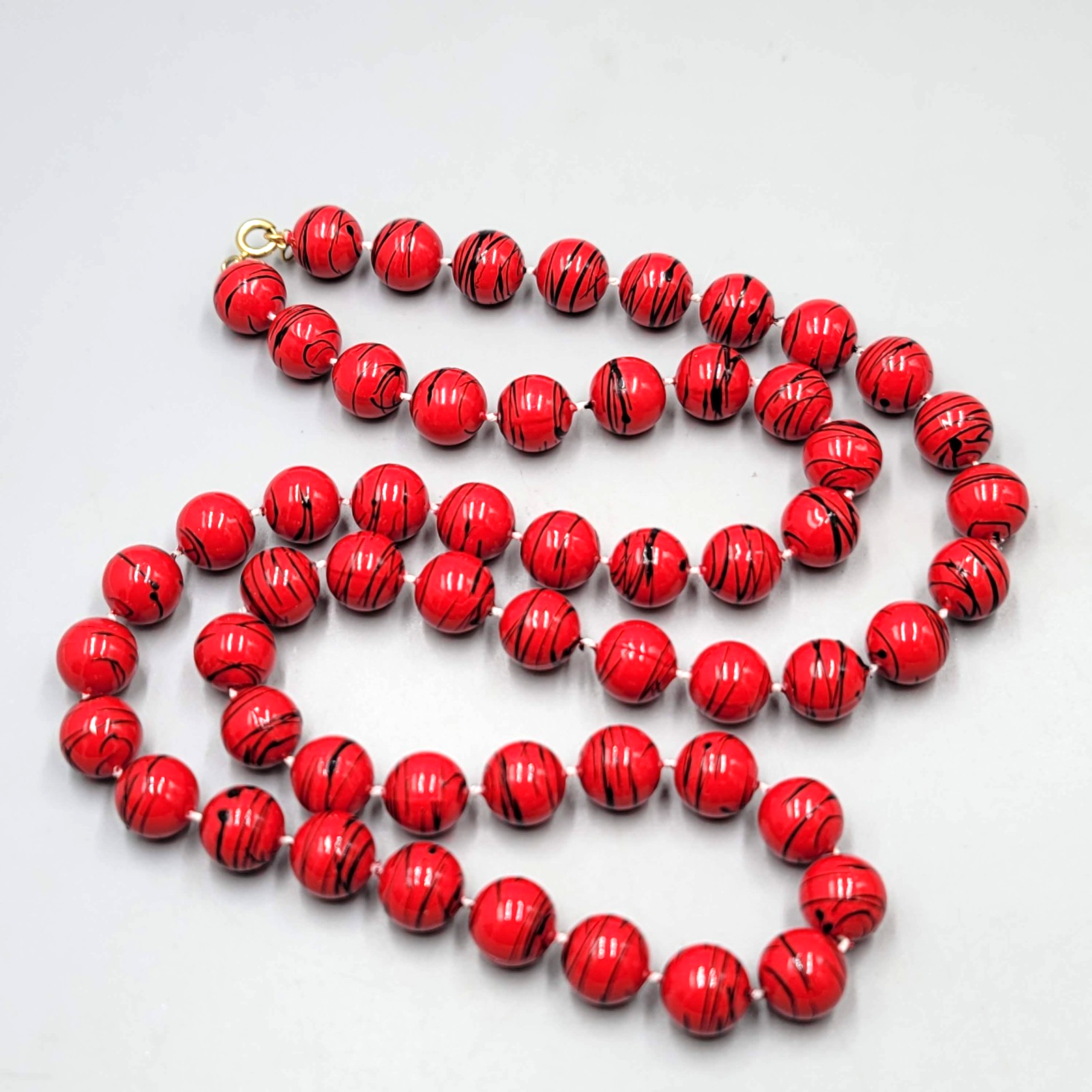 Vintage Red Bead Black Splatter Necklace 28"