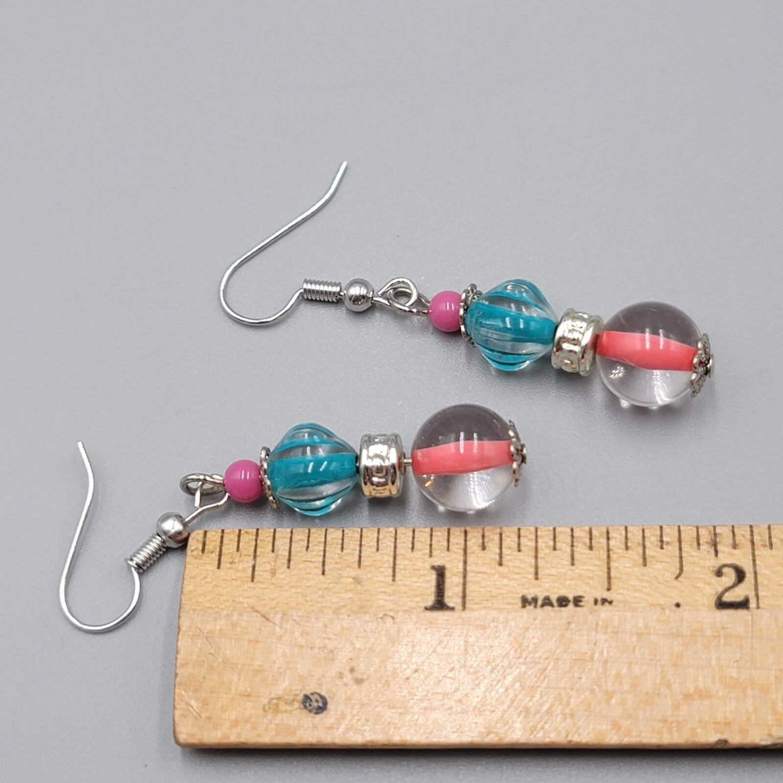 Pink Blue Glass Bead Pierced Earrings Silver tone Dangle 1.25"