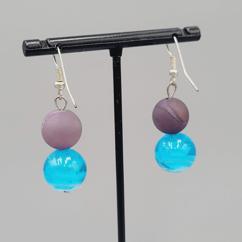 Purple Blue Art Glass Bead Pierced Earrings Silver tone 1.25"