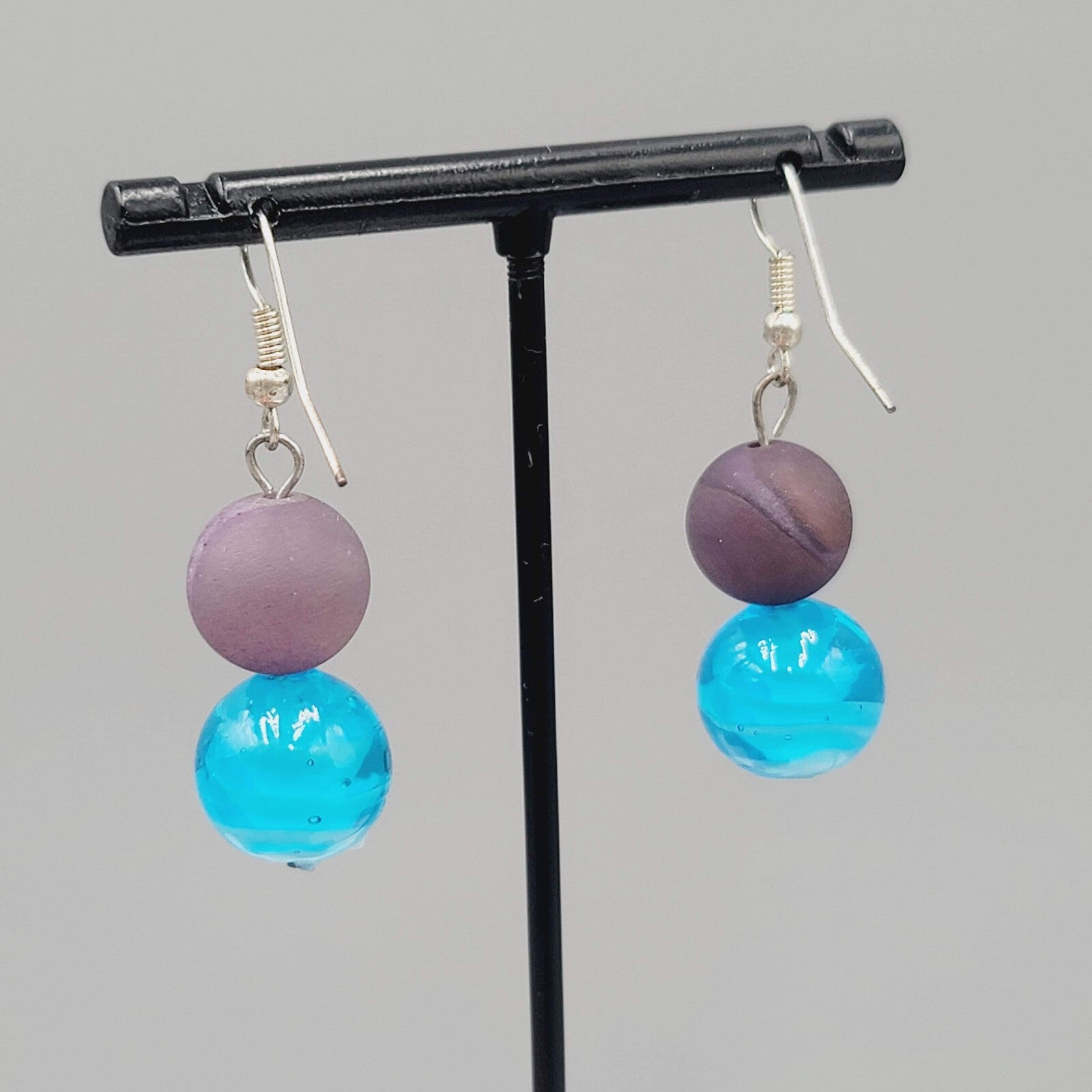 Purple Blue Art Glass Bead Pierced Earrings Silver tone 1.25"
