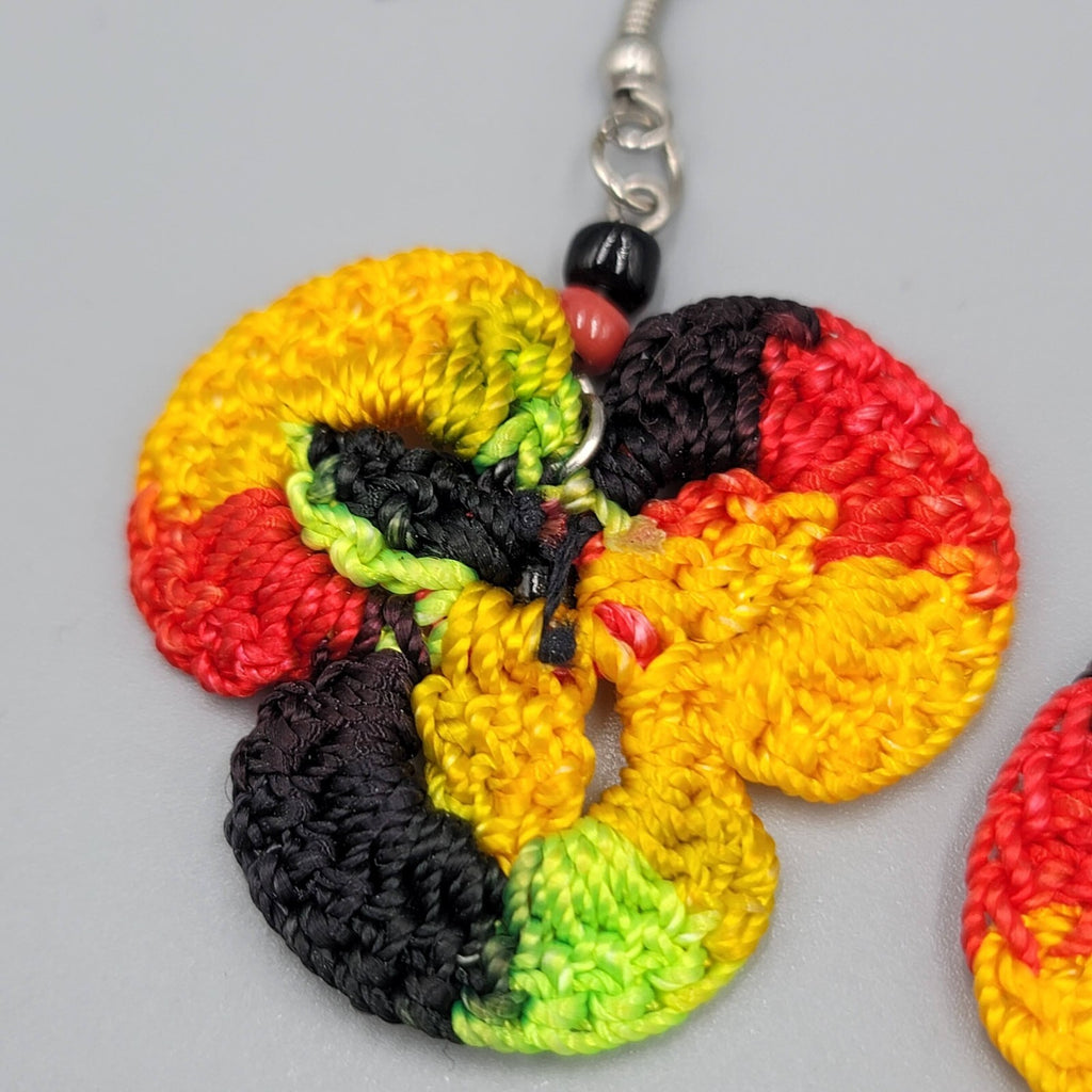 Crochet Pierced Earrings Red Black Yellow Green Dangle 1.5"