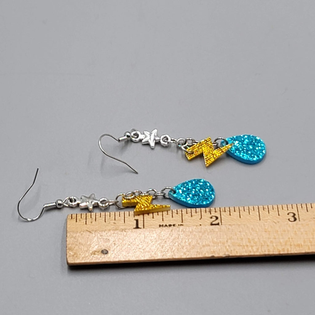 Rain Lighting Dangle Pierced Earrings Silver tone 1.75"