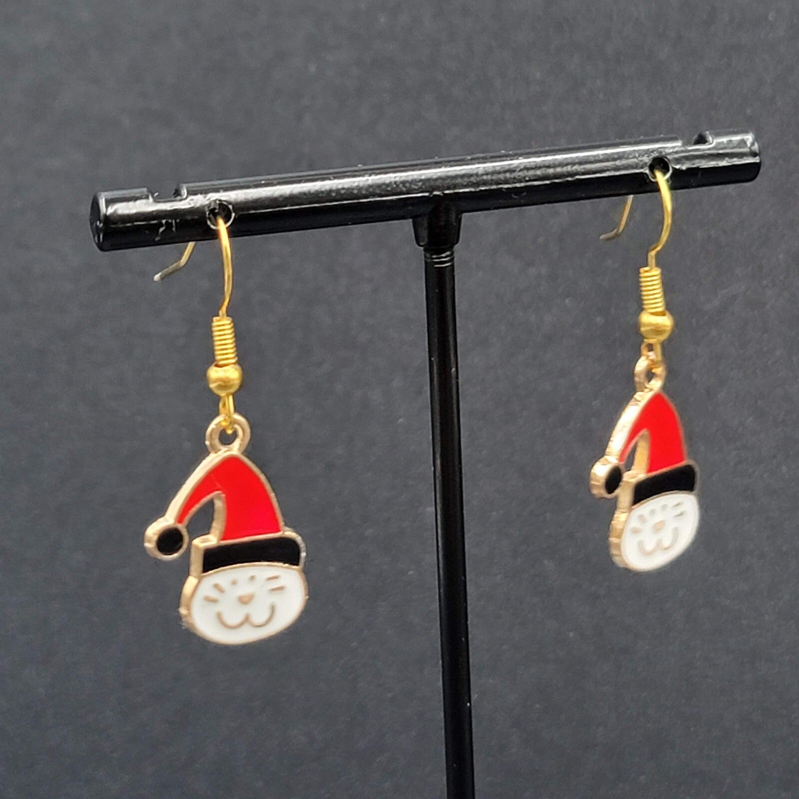 Christmas Kitty Cat Red Cap Pierced Earrings Gold tone Enamel Dangle 7/8"