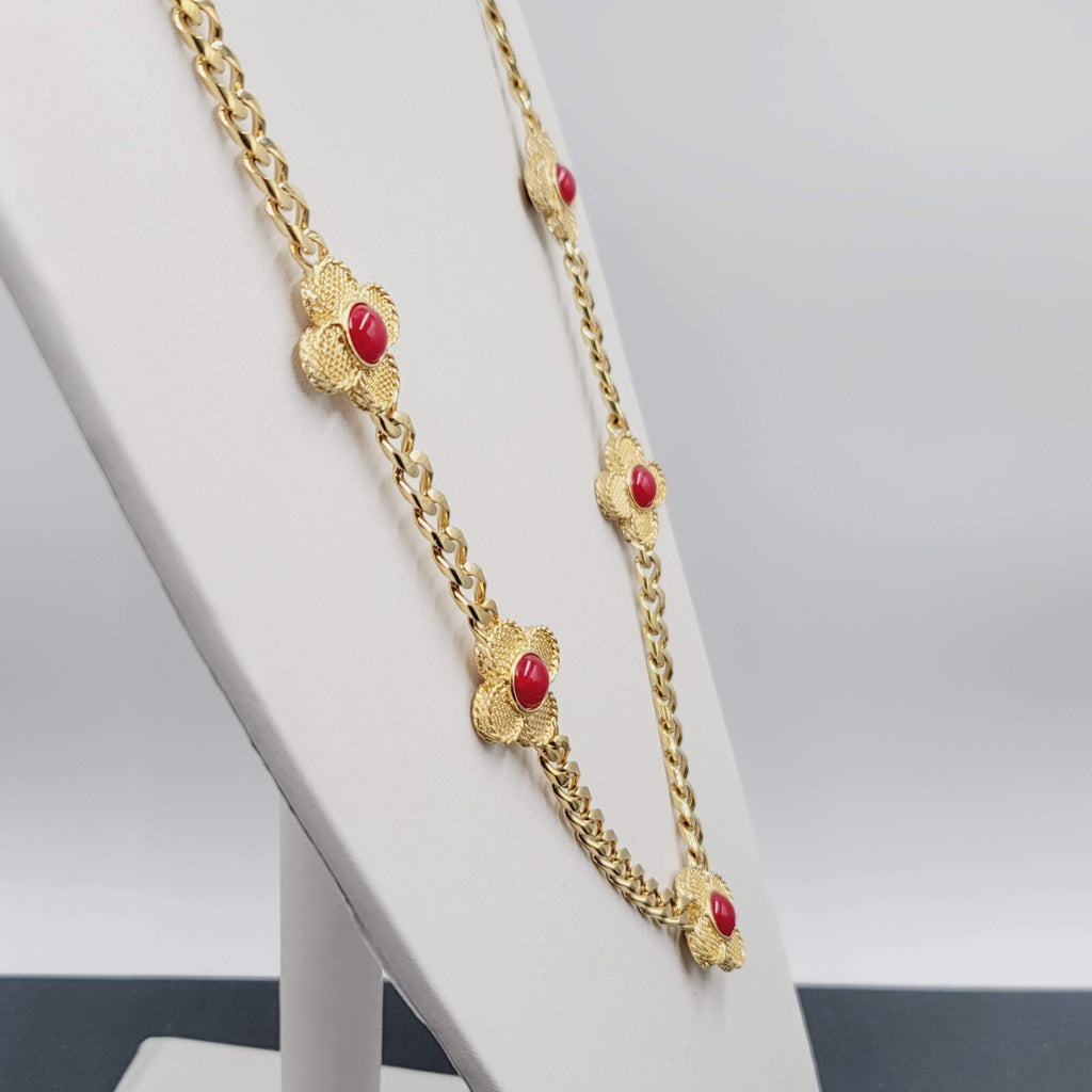 Vintage Heavy Gold Tone Thick Chain Station Red Accents 30"