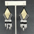 Pierced Earrings Black White Weaved Beads Silver tone Dangle 3.25"