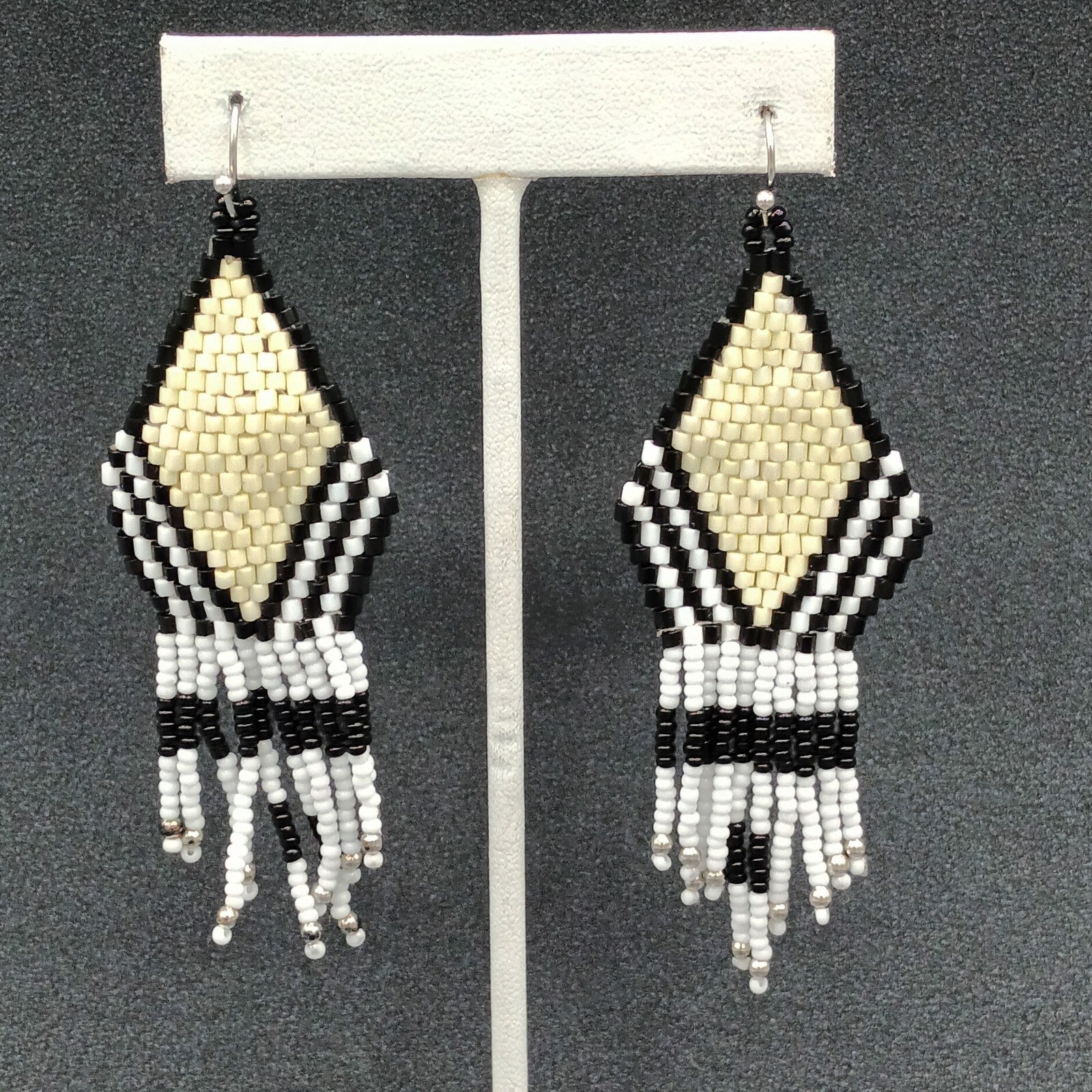Pierced Earrings Black White Weaved Beads Silver tone Dangle 3.25"