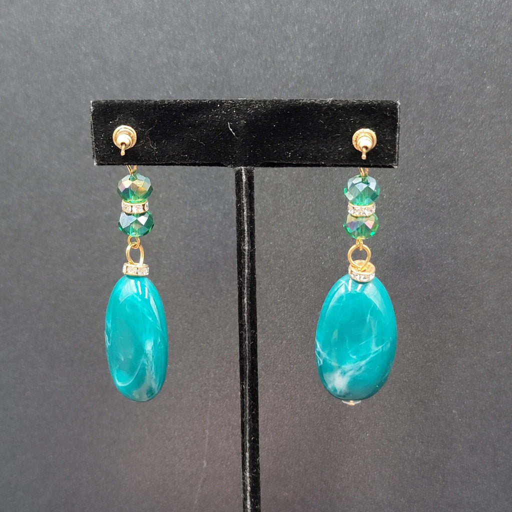 Vintage Pierced Earrings Green Acrylic Bead Dangle Rhinestones 2.5"