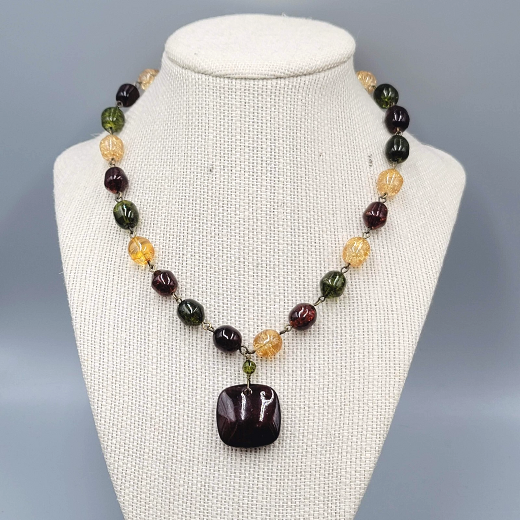 Monet Necklace Glass Bead Bronze tone Red Yellow Green 26"-28"