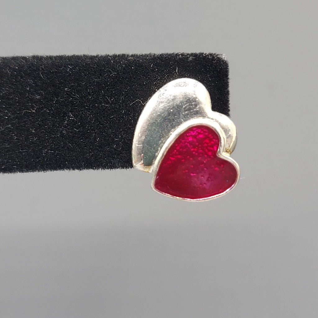 Heart Pierced Earrings Silver tone Red Enamel Studs Hearts 5/8"