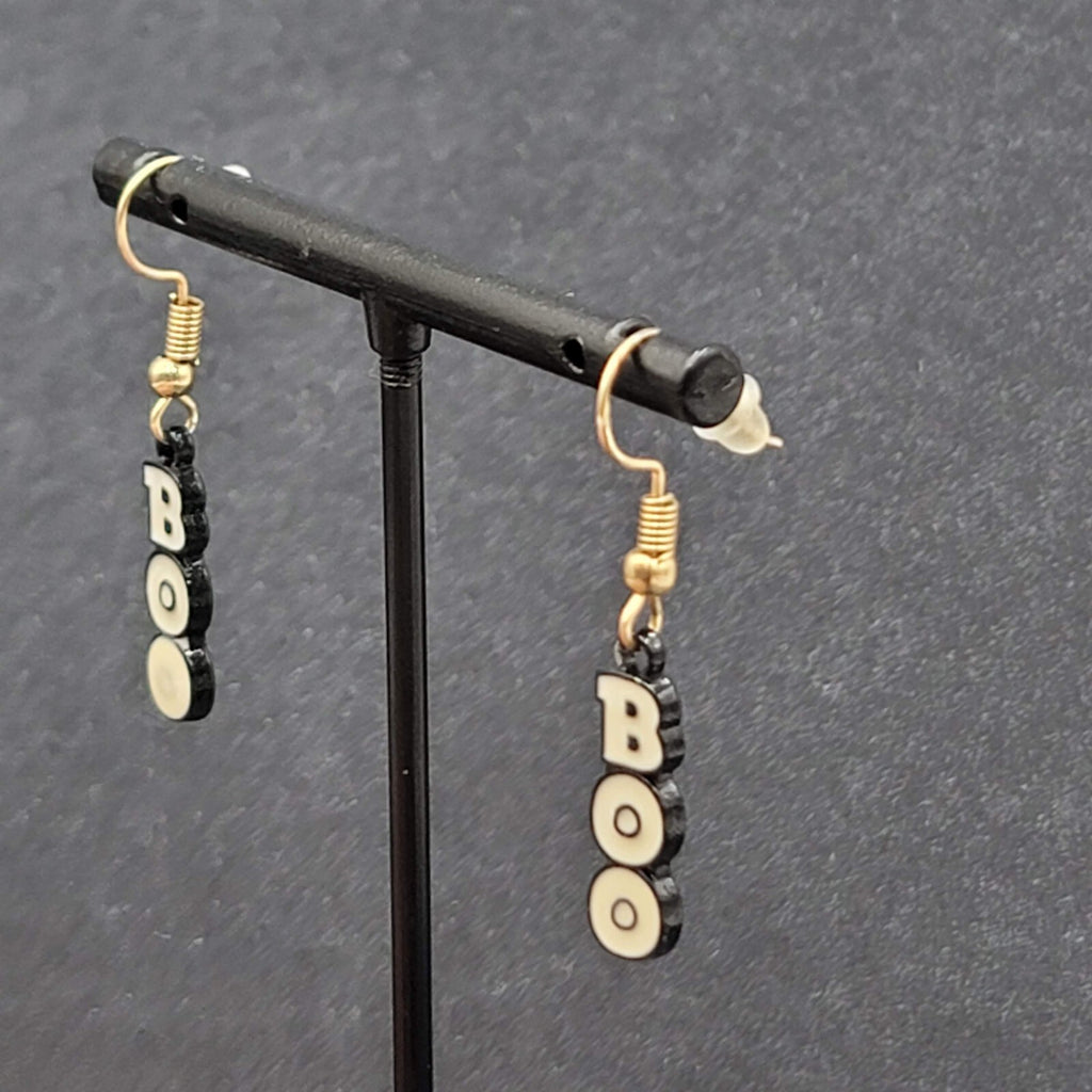 BOO Pierced Earrings Black Enamel Halloween Dangle Gold tone 7/8"
