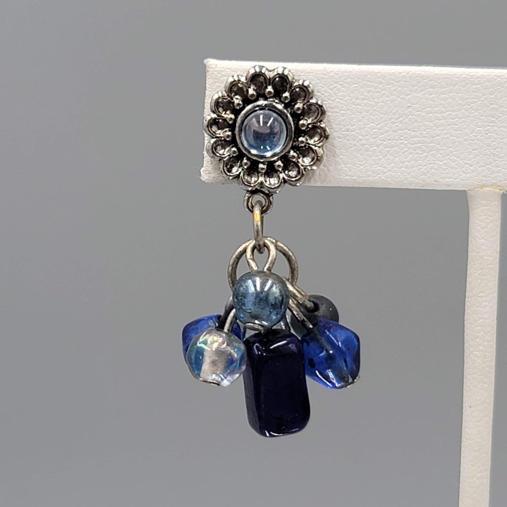 Oops a Daisy Pierced Earrings Blue Glass Beads Silver tone 1.5 in
