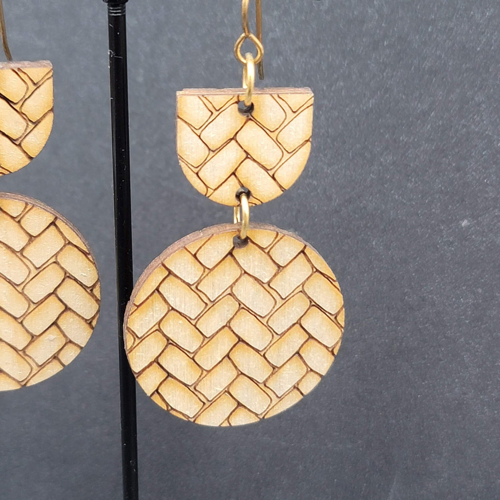 Pierced Earrings Laser Burned Geometric Wood Dangle Statement 2.25"