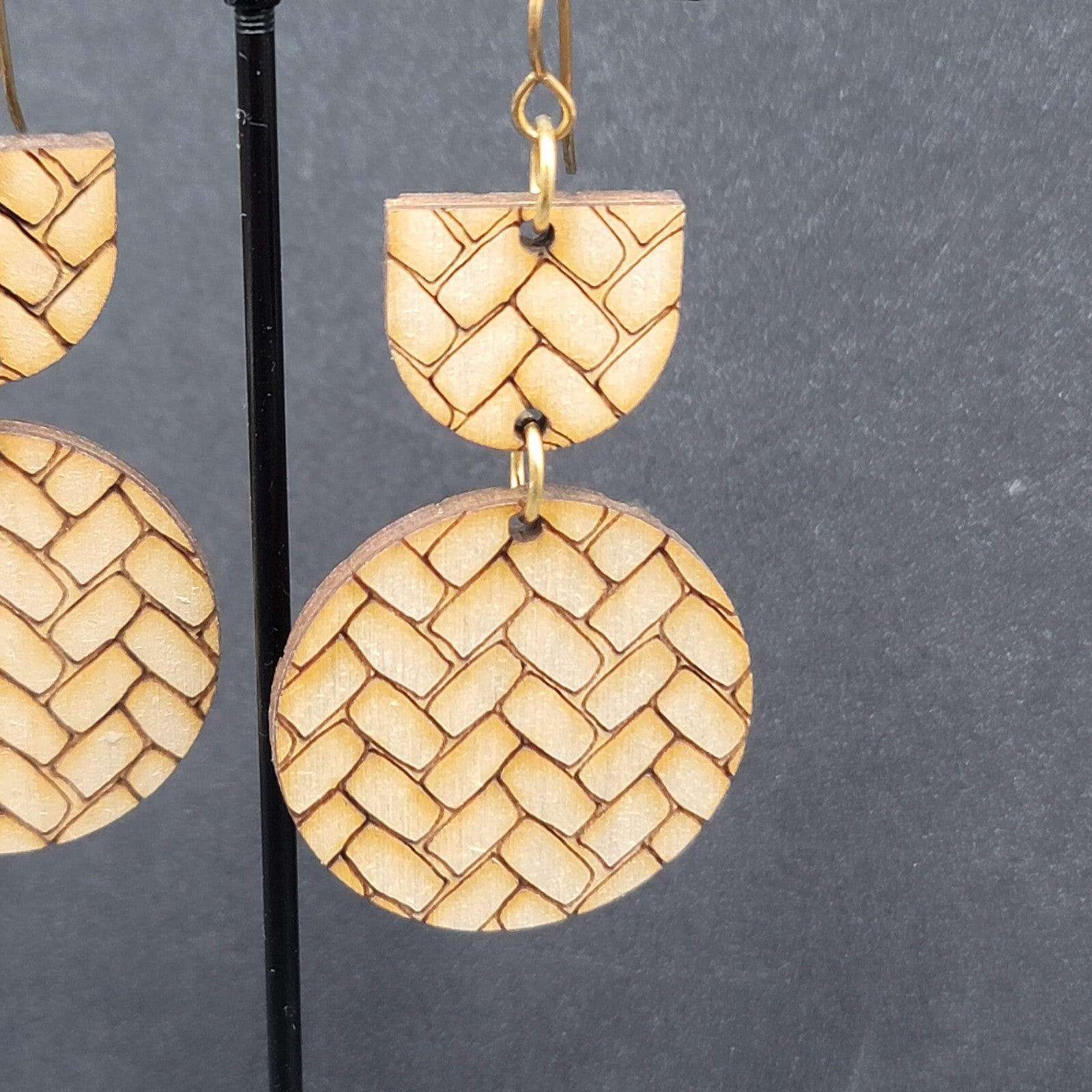 Pierced Earrings Laser Burned Geometric Wood Dangle Statement 2.25"