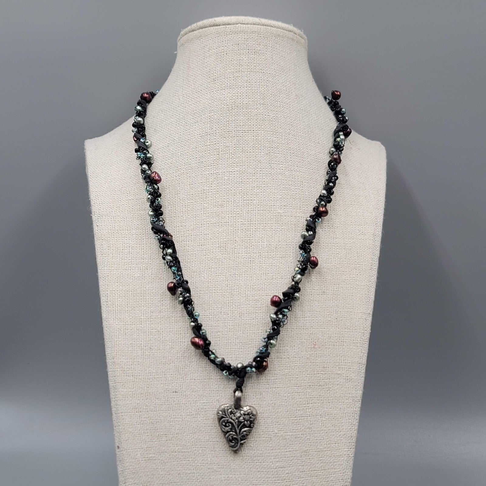 Artisan Heart Pendant Necklace Pearls Glass Bead 20"