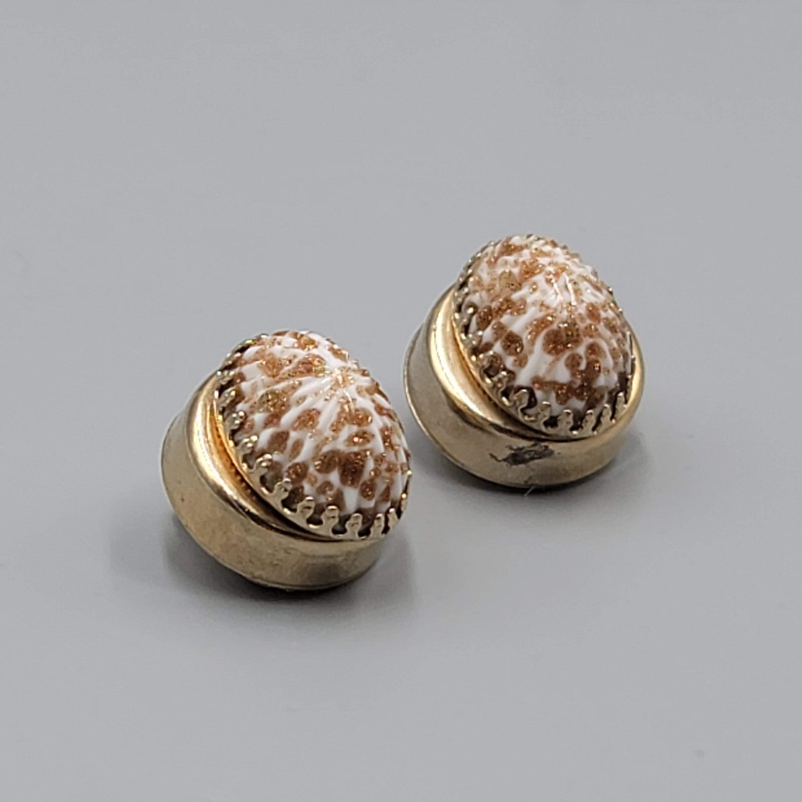 Vintage Clip on Earrings Copper Glitter Glass Cabochon Gold tone 3/4"