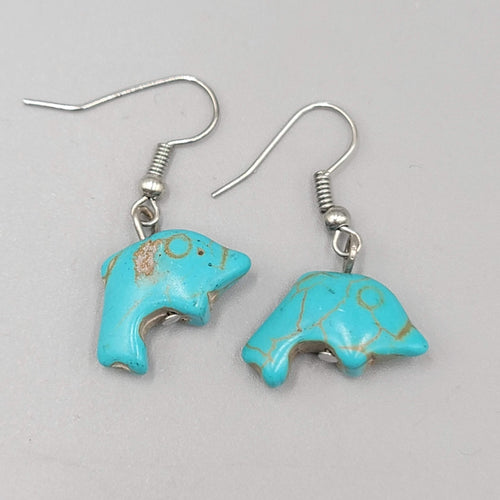 Dolphin Pierced Earrings Blue Howlite Stone Silver tone Dangle 3/4"