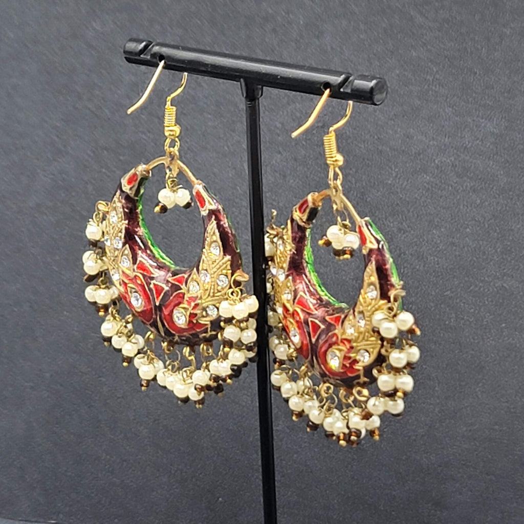 Pierced Earrings Ethnic Gold tone Red Green Beaded 1.75"