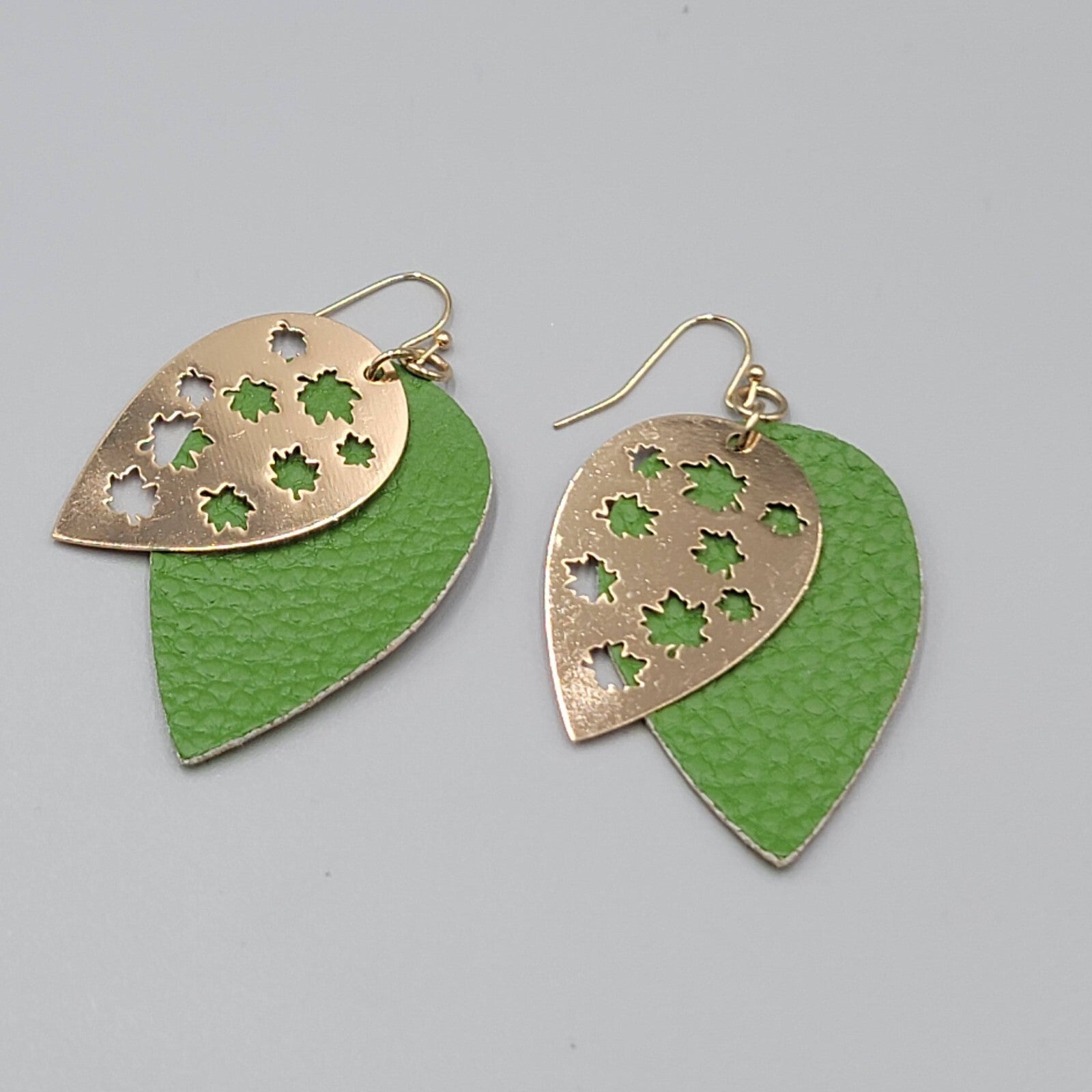 Gold tone Green Pierced Earrings Layered Metal over Faux Leather Dangle 2"