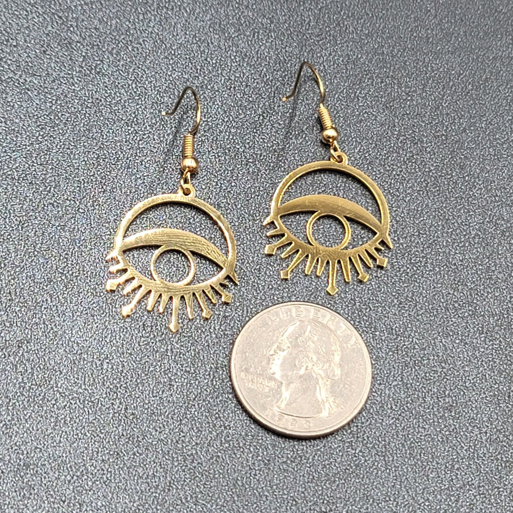 New Evil Eye Pierced Earrings Sun Rays Gold Plated Statement Dangle 1"