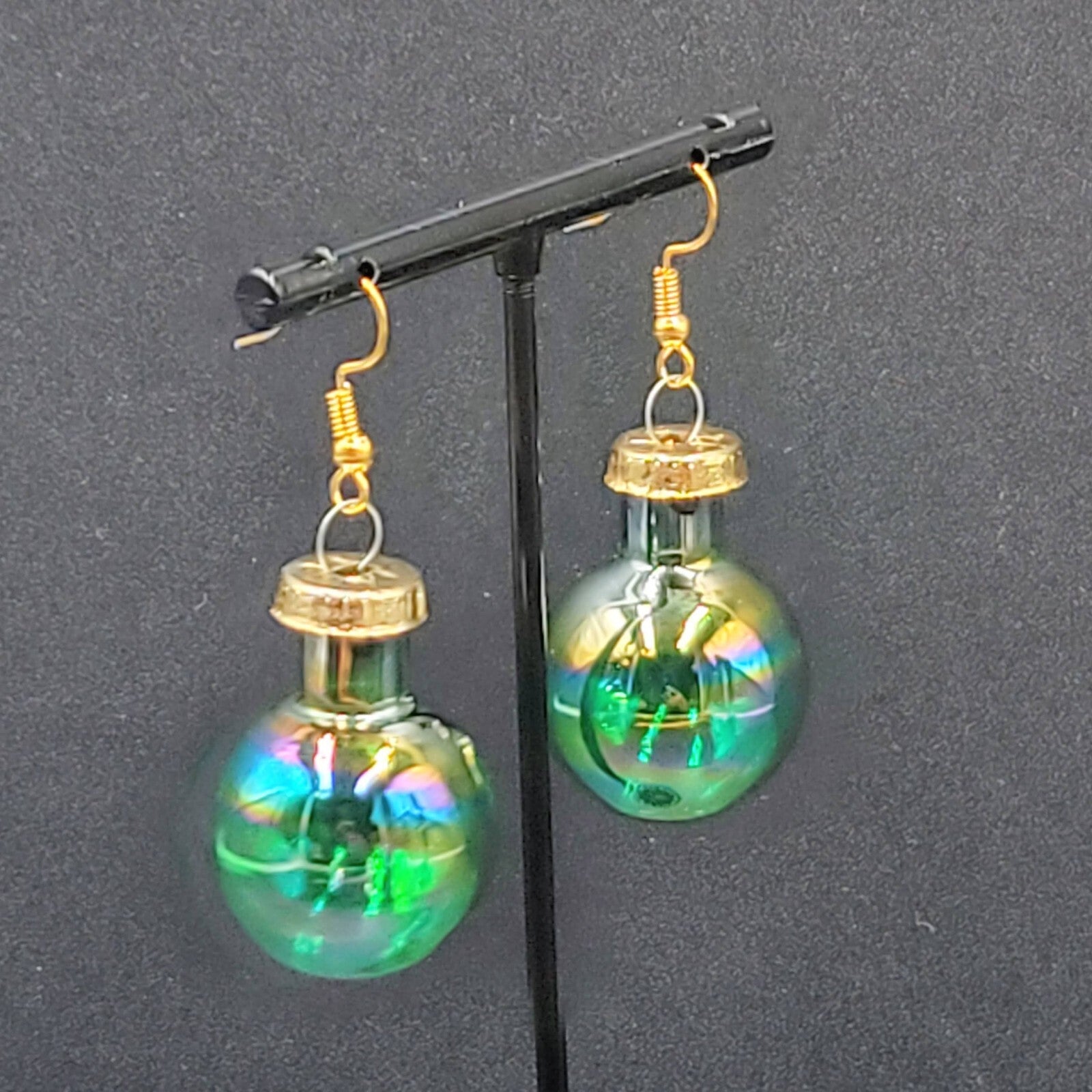 Christmas Pierced Earrings Green Glass Ornament Dangle 1.25"