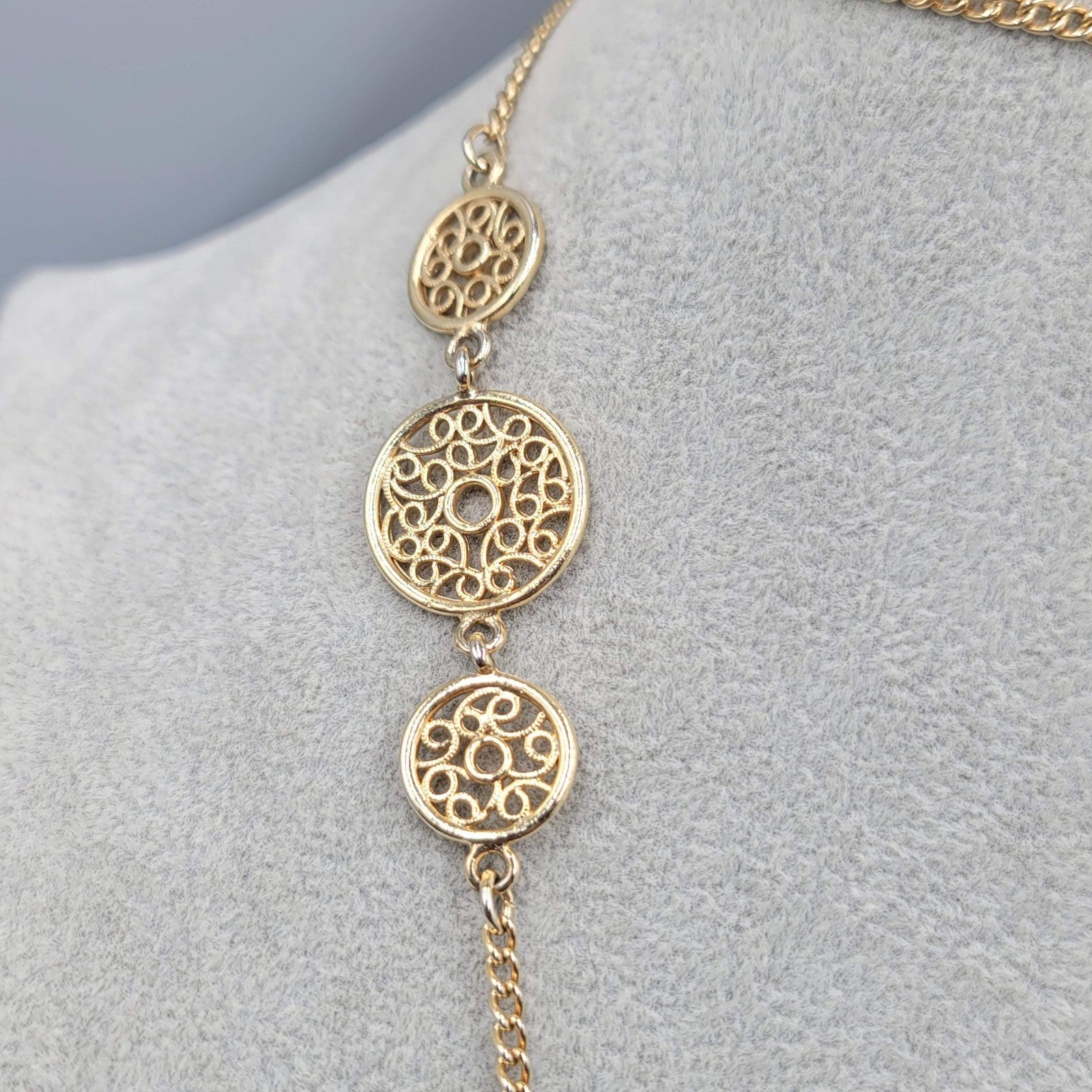 Vintage Long Chain Necklace Gold tone Open Work Round Accents 34 in